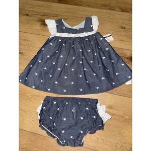 Baby Girls Floral Denim Dress Diaper‎ Cover Set Blue White ruffle 24M NWT